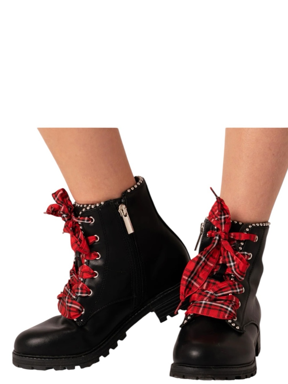 kidpik Black Studded Combat Boots with Red Plaid Ribbon Laces Size 12
